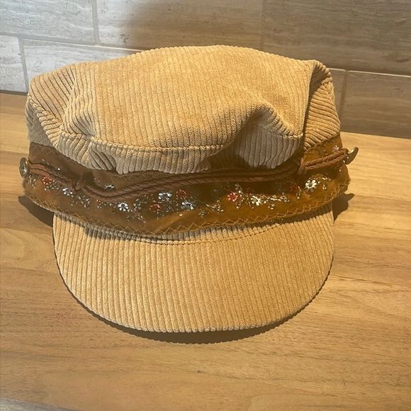 Free People Accessories - New Free People Wildflower Lieutenant Hat Tan Embroidered Floral Corduroy
